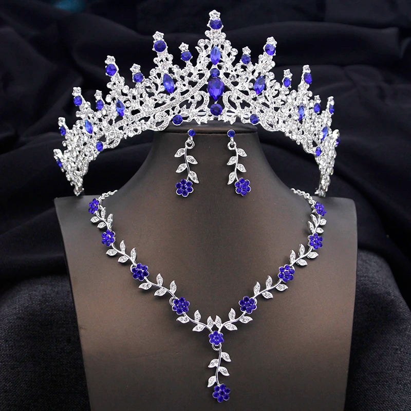 3 pcs Pink Bridal Jewelry Sets for Women Crown Flower Choker Necklace Earring Wedding Tiara Bride Costume Accessories