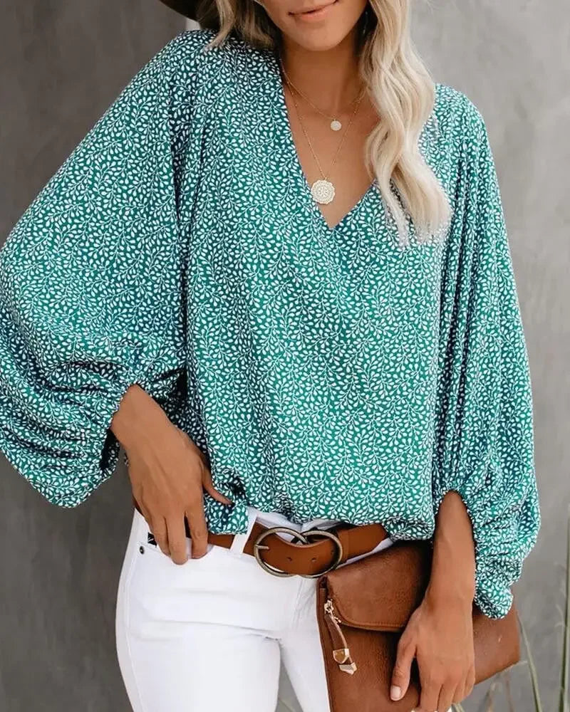 2025 Women's clothes New Arrival Hot Selling Spring And Summer V-neck Casual Printed Lantern Sleeve Shirt Ladies Clothes Fashion Shirts