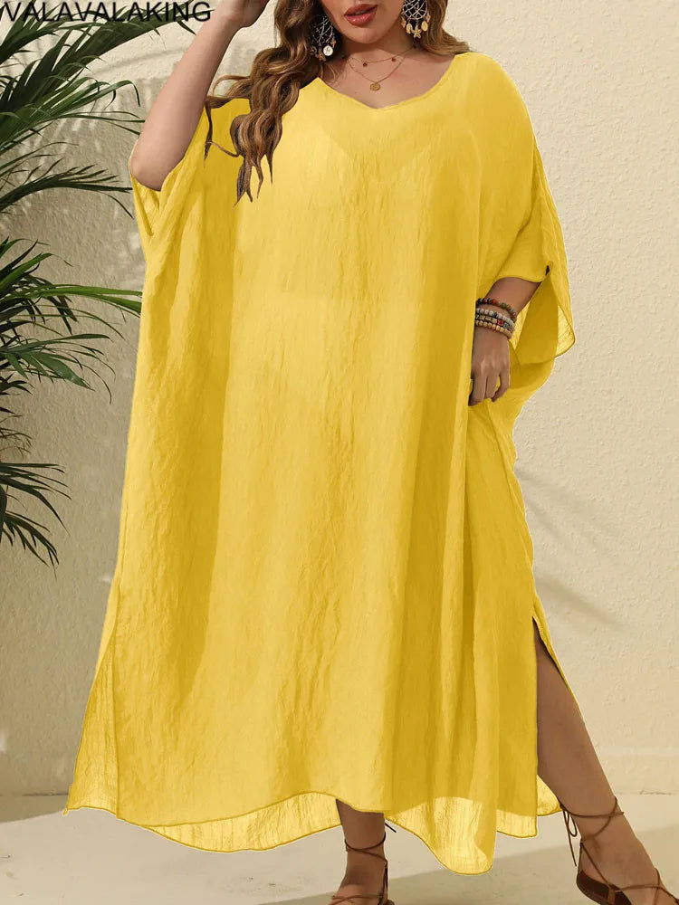 2025 Women Short Sleeve Plus Size Cove Up Solid Large Big Tunic Lady Chubby Beach Long Dress Brazilian Curvy Swimsuit Cover-Ups
