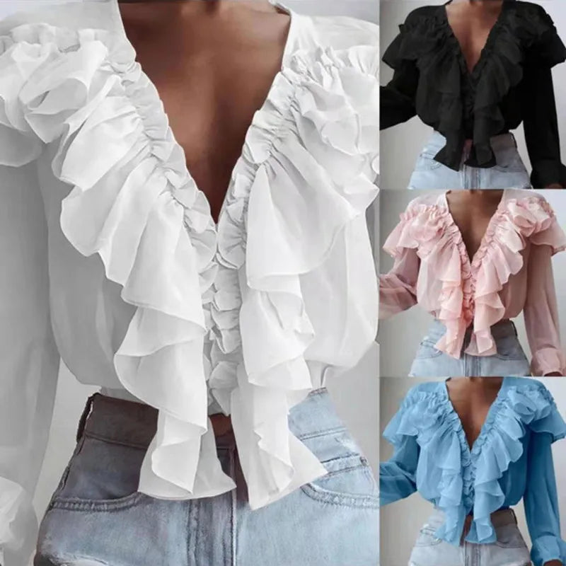2024 Spring Autumn Elegant Ruffles Women Shirts Top Casual V Neck Long Sleeve Loose Female Solid Chiffon Blouses For Women Blusa clothes