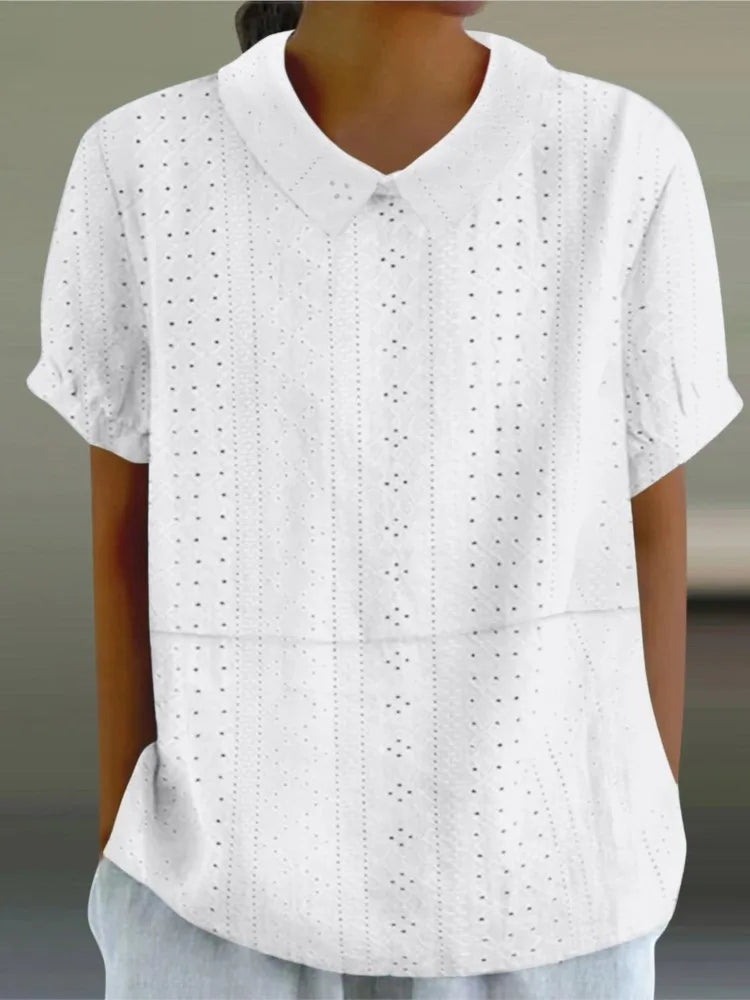 Elegant Hollow Turn-Down Collar Blouse Shirt Top Button Short Sleeve Women Blouse Casual Summer Fashion Female Tops