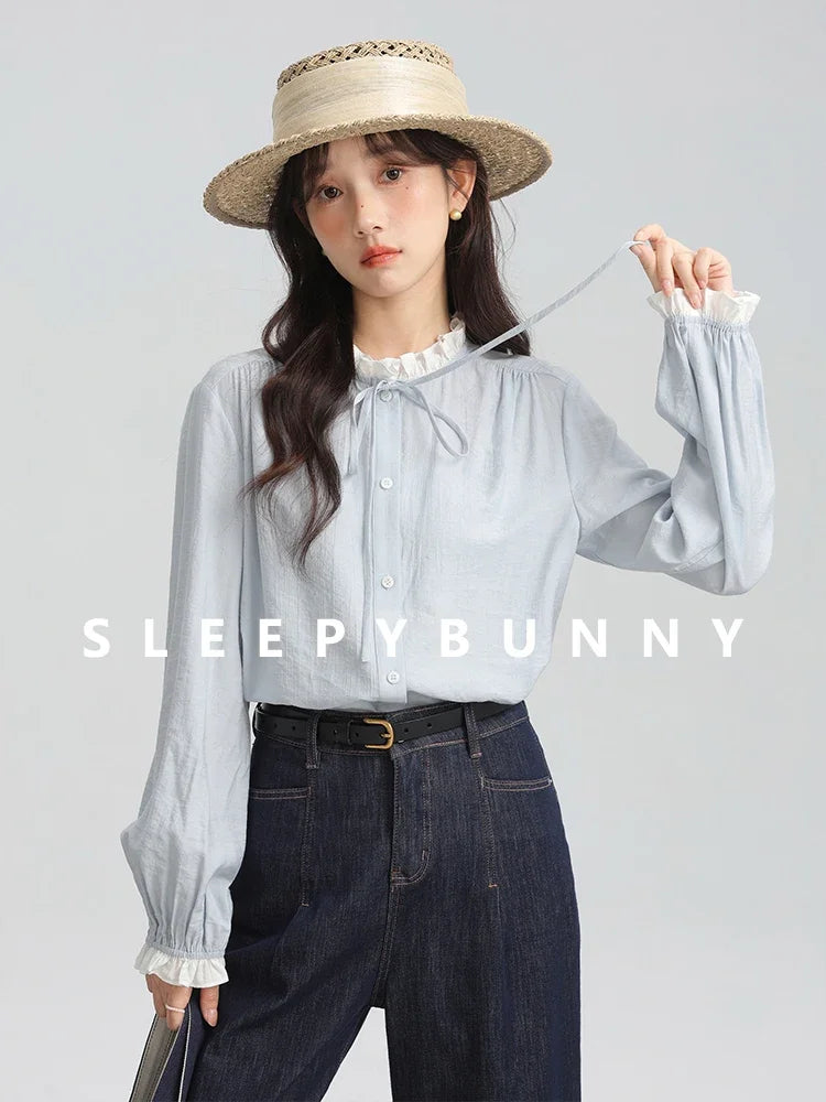 Spring Women Blue Ruffle Trim Long Sleeve Shirt French Vintage Style Loose Fit Blouse Elegant and Chic Top for Petite Frames clothes