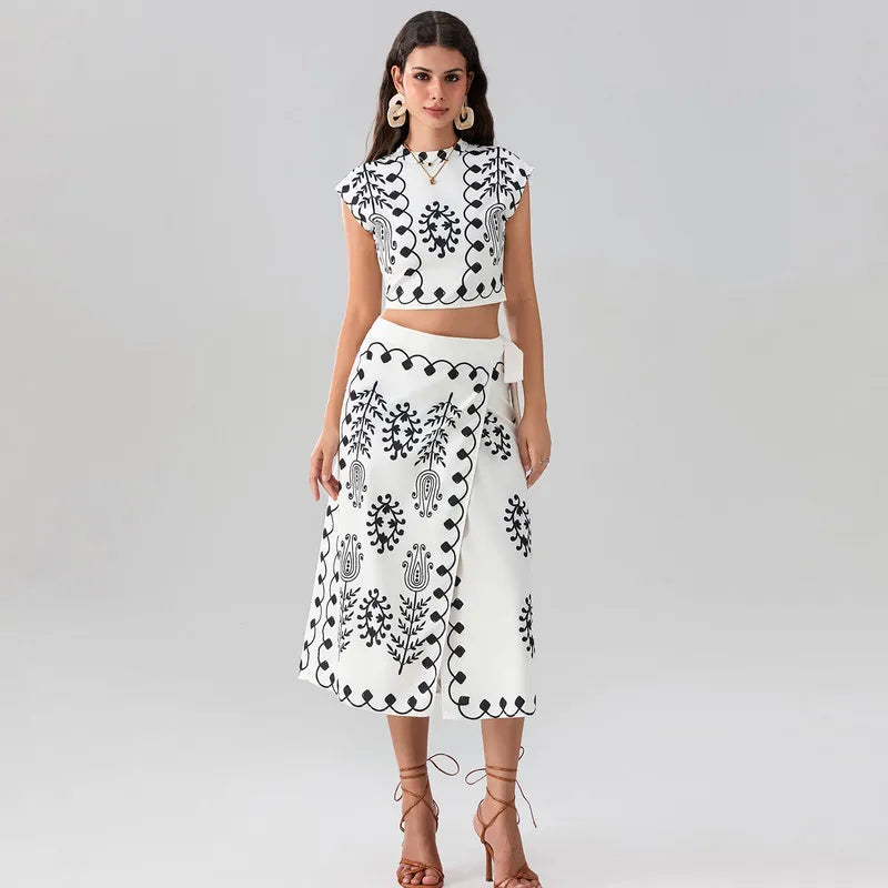 WPNAKS Women Elegant 2 Piece Skirt Sets Office Ladies Summer Clothes Chic Short Sleeve Boho Pattern Tops Long Skinny Skirt