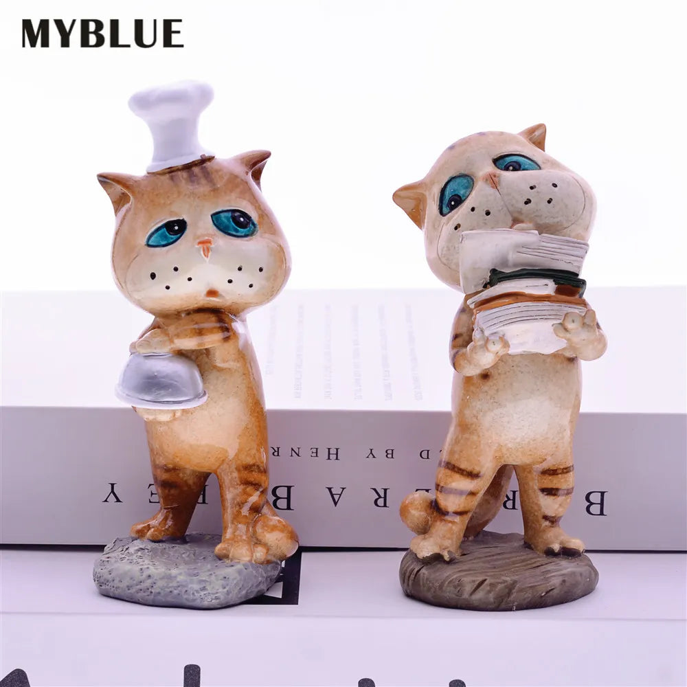 Resin Cat Chef Figurines Statue,MYBLUE 2Pcs/Set Kawaii Garden Animal Nordic Home Room Decoration Accessories, Modern