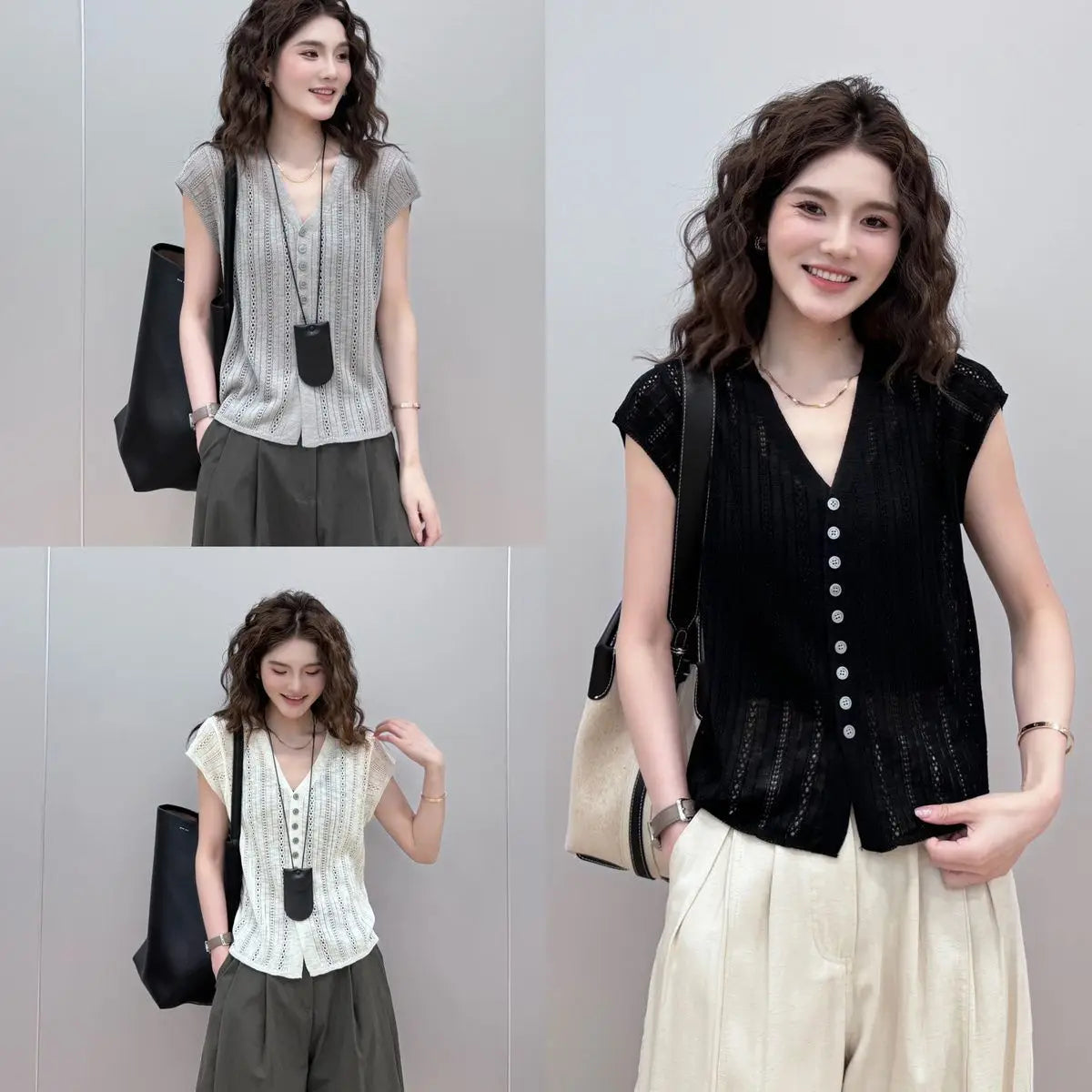 Summer Women Clothing Cardigans T-Shirts Solid V-Neck Hollow Out Fashion Versatile Loose Short Sleeve Linen Knitted Casual Tops clothes