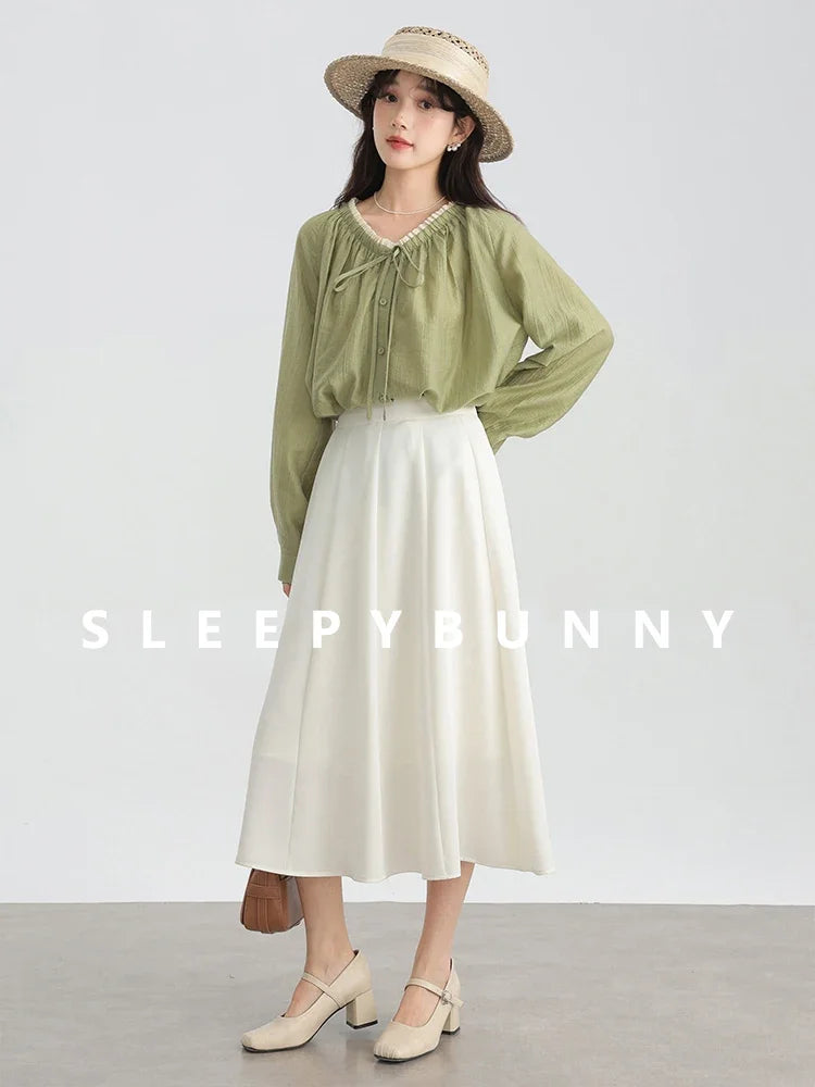 French Style V-Neck Long Sleeve Women Blouse Spring Casual Loose Fit Elegant Tops Petite Friendly Lightweight Versatile Shirt