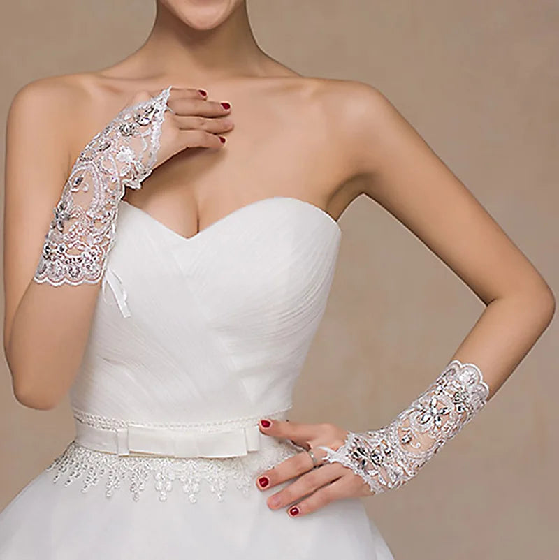 Lace Fingerless Elbow Length Bridal Gloves with Rhinestone for Women Paragraph White Wedding Accessories