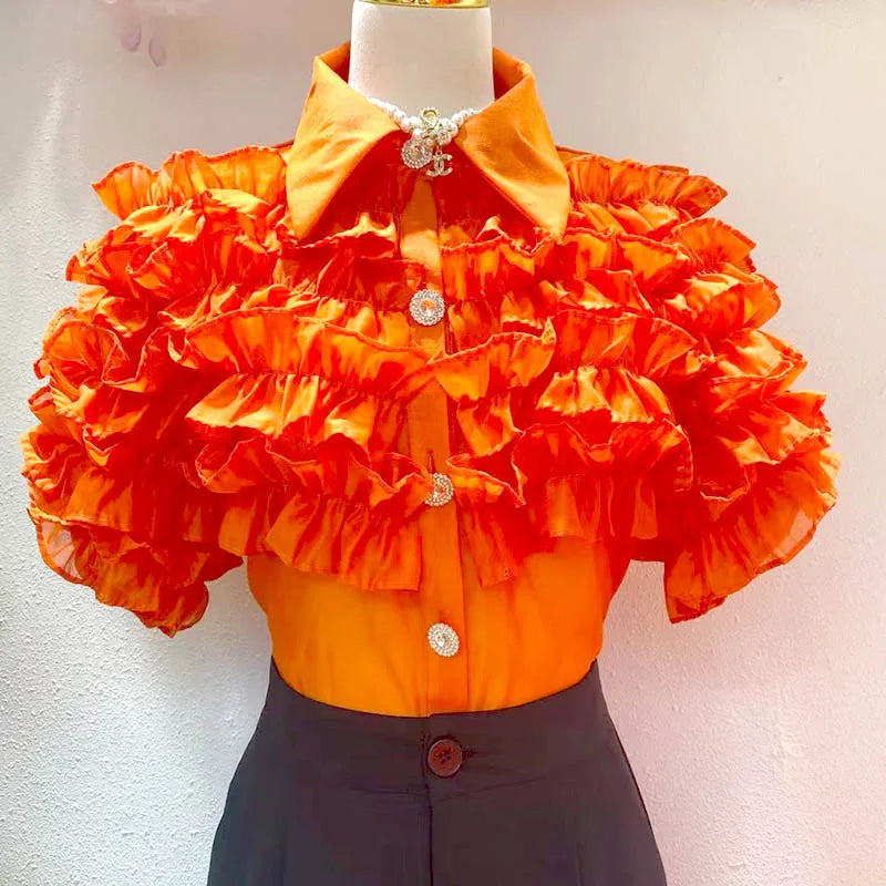 Women Elegant Chic French Beautiful Blouses 2023 Summe Ruff 3D Flower Short Sleeve Female Shirts and Blouse Top Free Clothing clothes