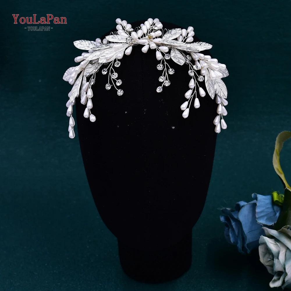 YouLaPan Wedding Headpiece Faux Pearl Headband Bridal Hair Accessories Rhinestone Headdress Alloy Leaf Hair Decoration HP680