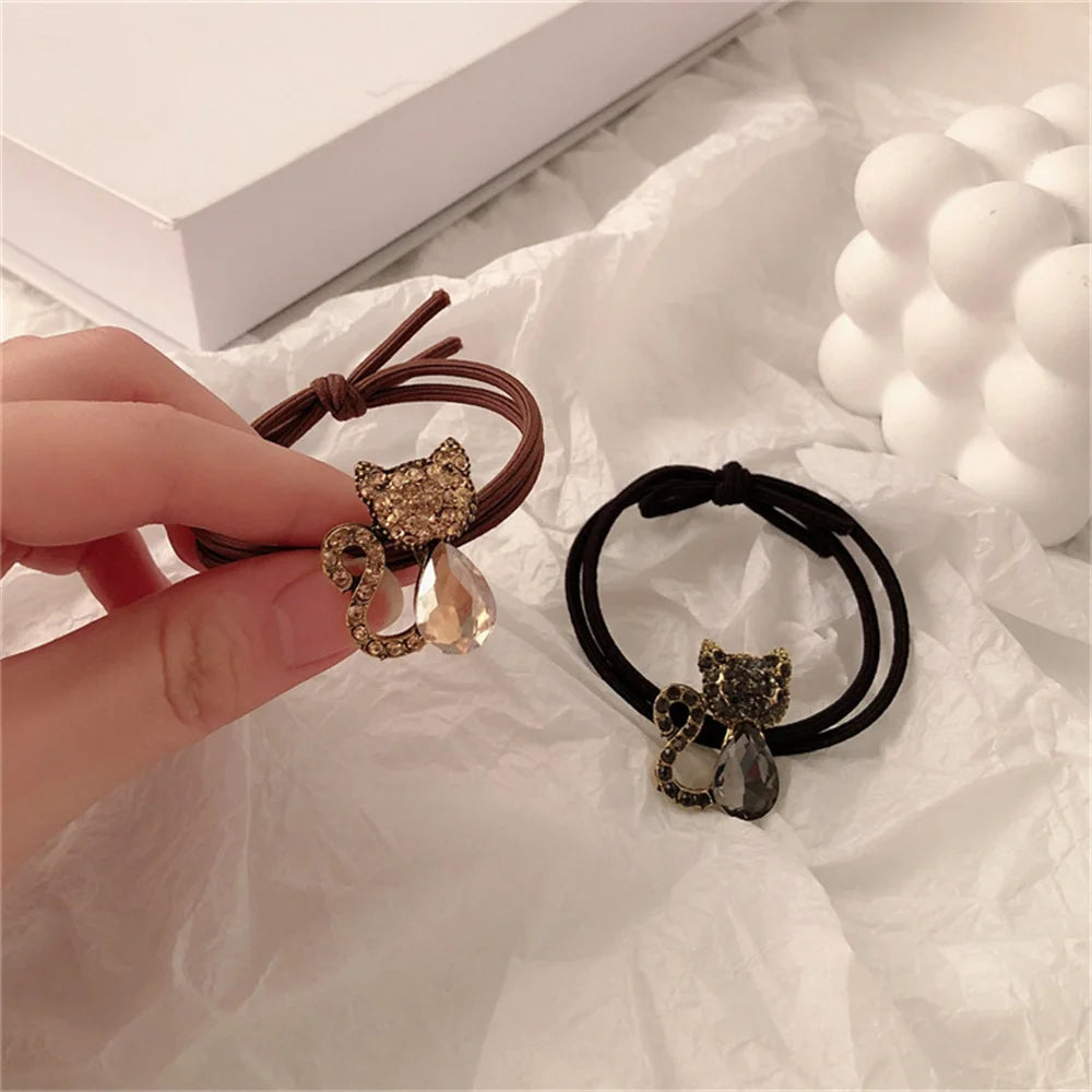 Exquisite Crystal Cat Hair Ropes Women Elastic Rubber Bands Temperament Rhinestone Hair Band For Girl Ponytail Scrunchies
