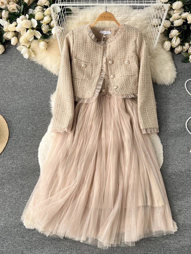Damen Khaki Zweiteiler Vintage Luxus Kleid mit Langarm Jacke Mäntel Vintage Y2k Kleid Sets Outfits 2000er Kleidung 2024