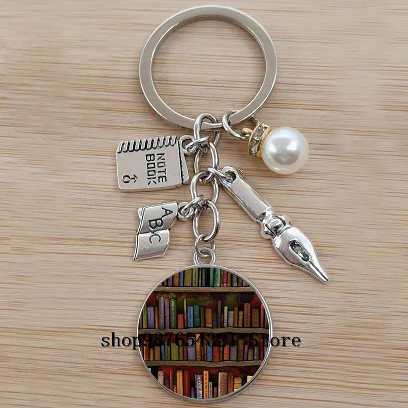 Classic Library Books Keychain Vintage Old Books Key Chain Librarians Key Ring Gift for Nerd Bookworm Writer Teacher