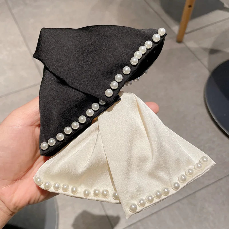 New Fashion Large Solid Colour Satin Pearl Bow Hair Clips Elegant ponytail clip Sweet Girl Hair Clip Headwear Hair Accessories