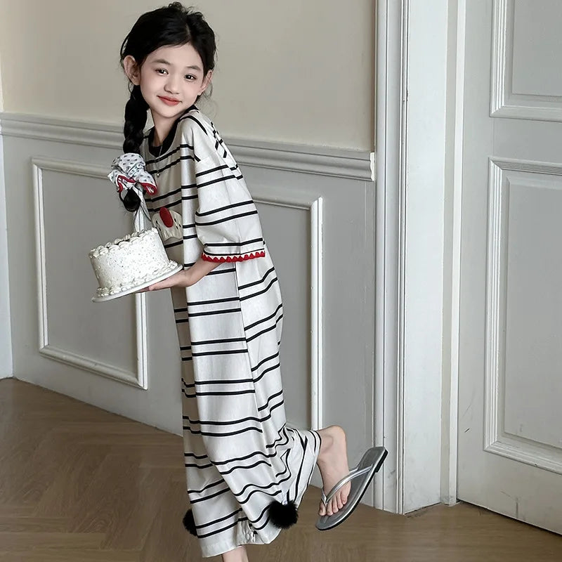 Girls Skirt Nightdress Summer Children Pajama Girls 2024 New Summer Women Thin Family Home Simple Casual Dress Children
