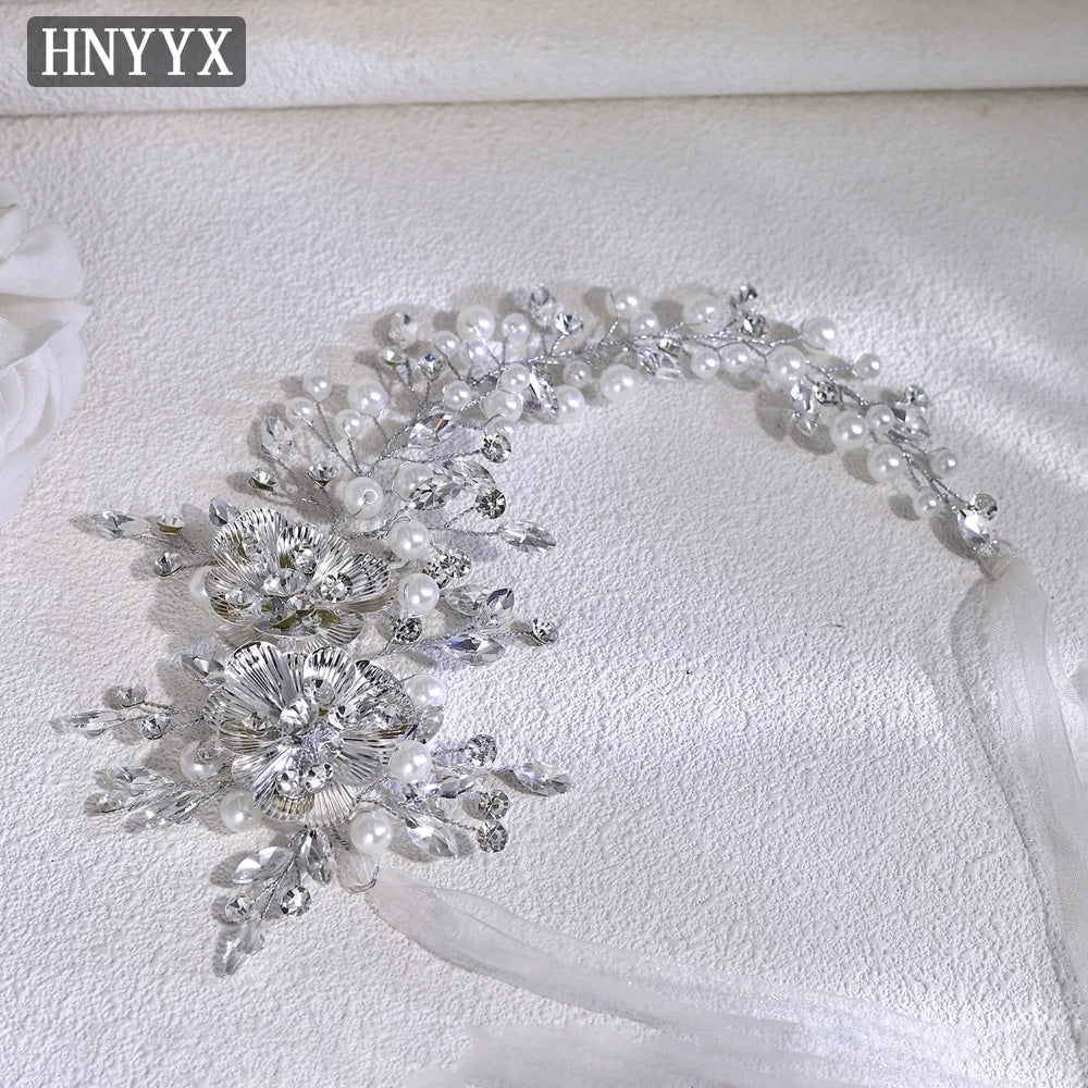 HNYYX Pearl Crystal Flower Headband Women's Red Hair Accessories Bridal Party Queen Wedding Headpieces Jewelry Hair Tiara A265
