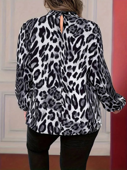 GIBSIE Plus Size Leopard Print Long Sleeve Shirt Women Autumn New Stand-up Collar Office Ladies Casual Fashion Tops and Blouses