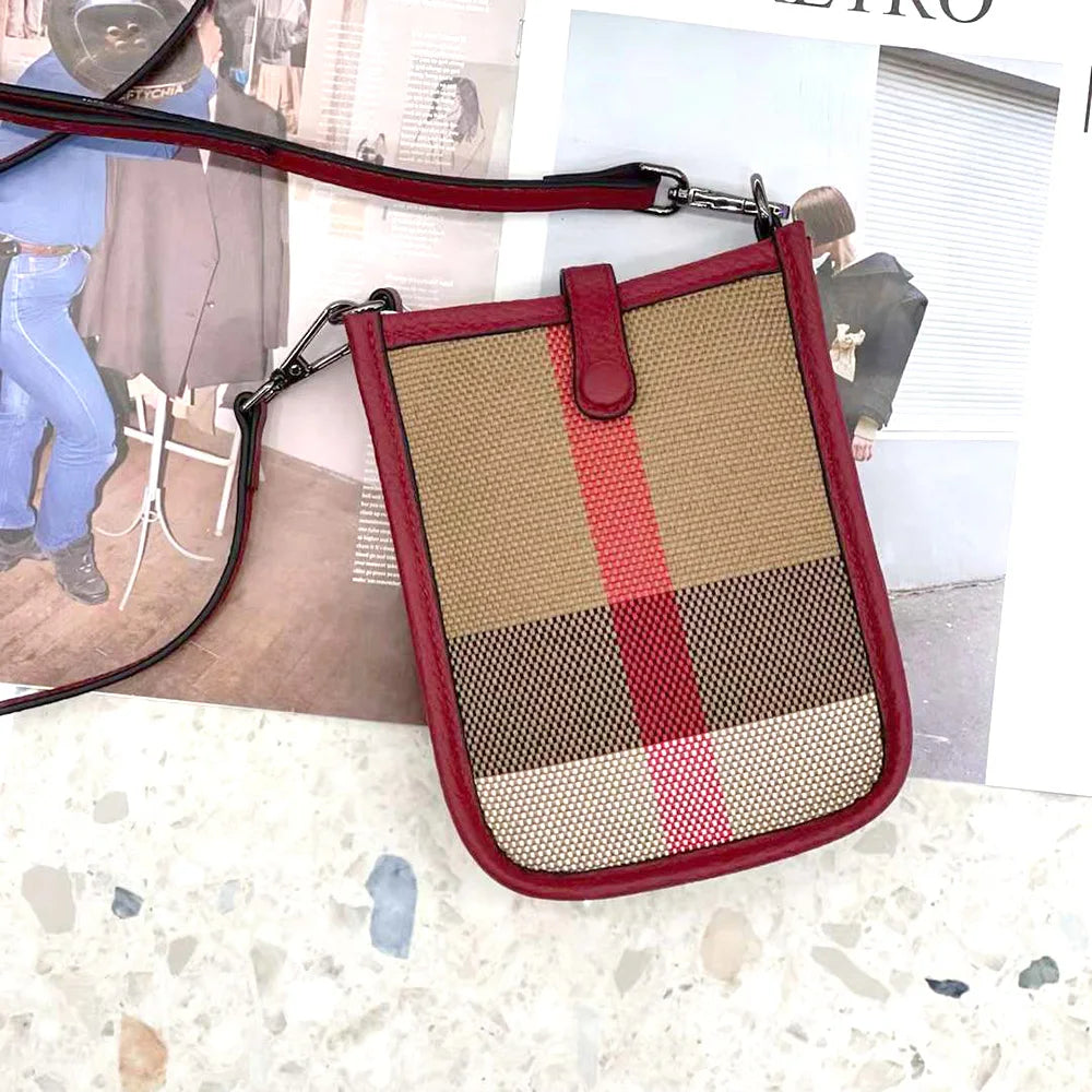 Small Women's Bag Luxury Stripes Check Canvas Leather Mobile Phone Crossbody Bag Retro Mini Female Sling Purse And Handbag