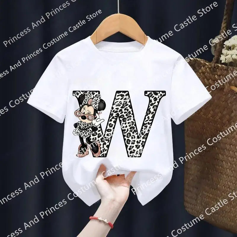 Minnie Letter A B C D Children T-shirt Kawaii Disney Clothes for Girls T Shirt Anime Cartoons Casual Kid Boy Short Sleeve Tops