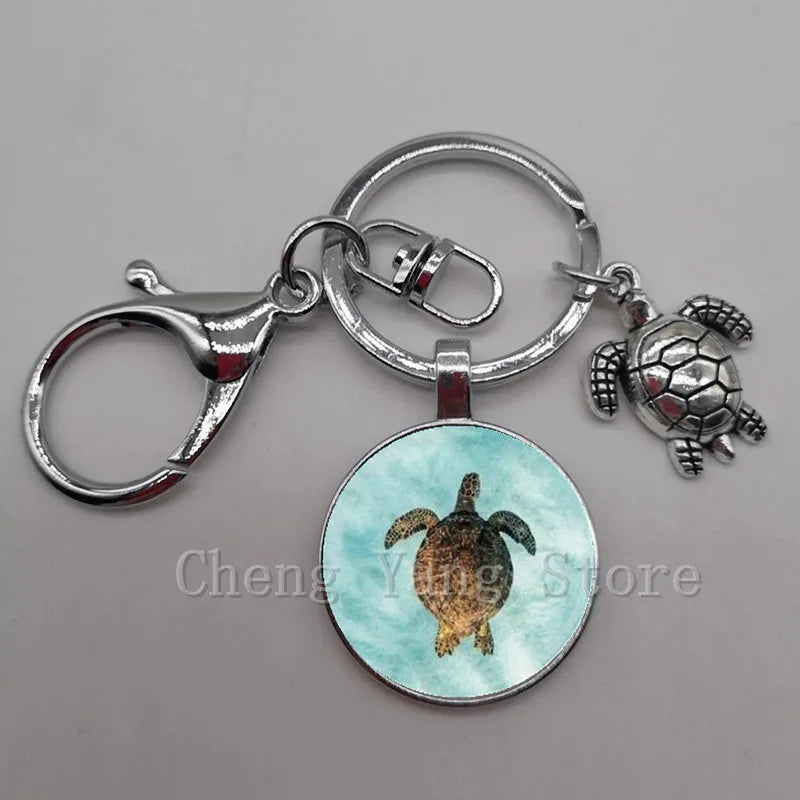 Marine life jewelry turtle dolphin shell keychain key ring glass convex round keychain charm turtle pendant Christmas gift