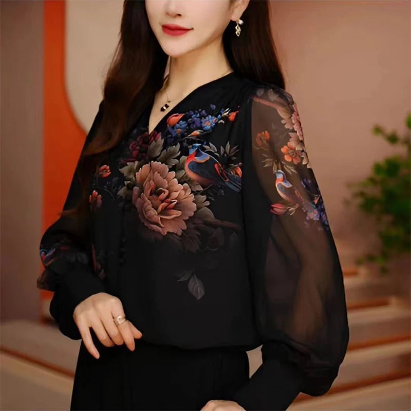 V-neck Vintage Printed Long Sleeve Shirt Female Elegant Fashion All-match Pullover Blouse Women oversized Blouse