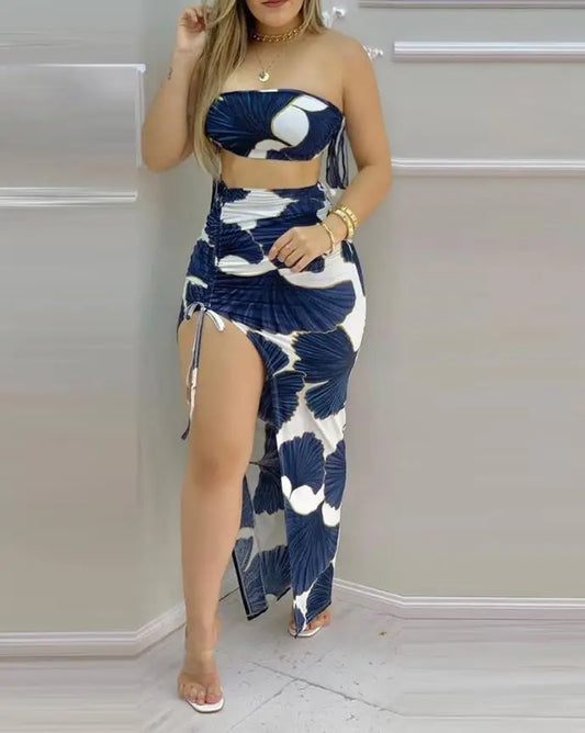 Elegant Two-Piece Women's Summer Dress Set with Ginkgo Print Strapless Short Top and Drawstring High Slit Casual Long Dress Set