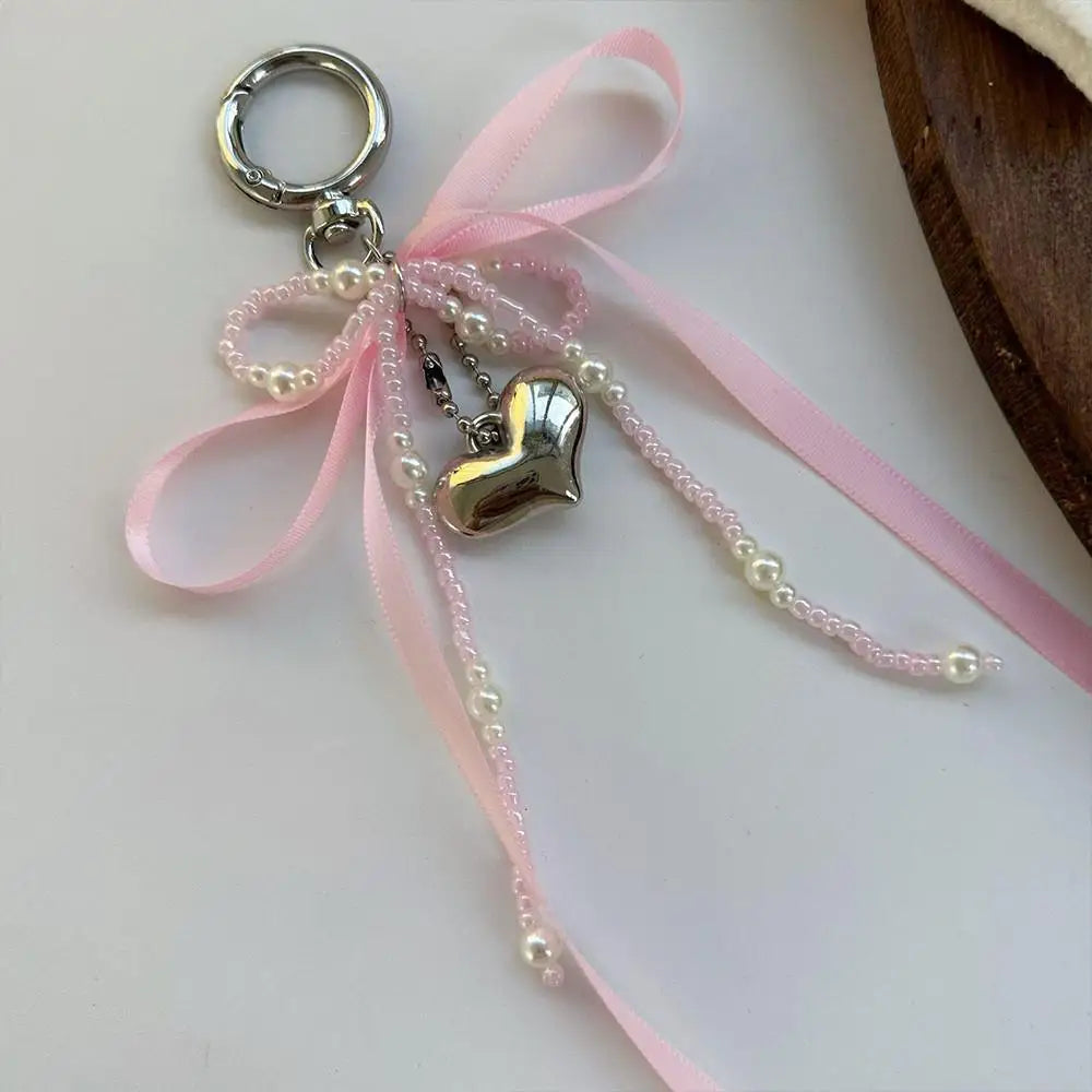 New Fashion Red Love Y2k Keychain Korean Charm Bag Pendant Handmade Beaded Bownot Keyring Vintage Red Metal Hanging Accessories