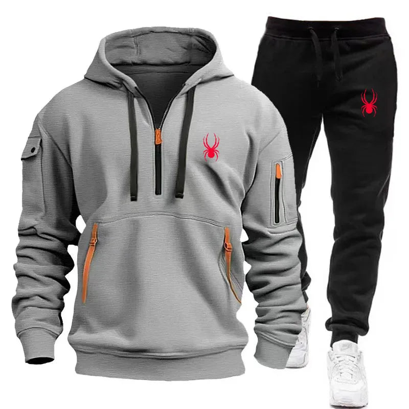 New men's sports suit hooded sweatshirt long pants arm pocket zipper fashionable casual outdoor jogging sportswear men's suit mon