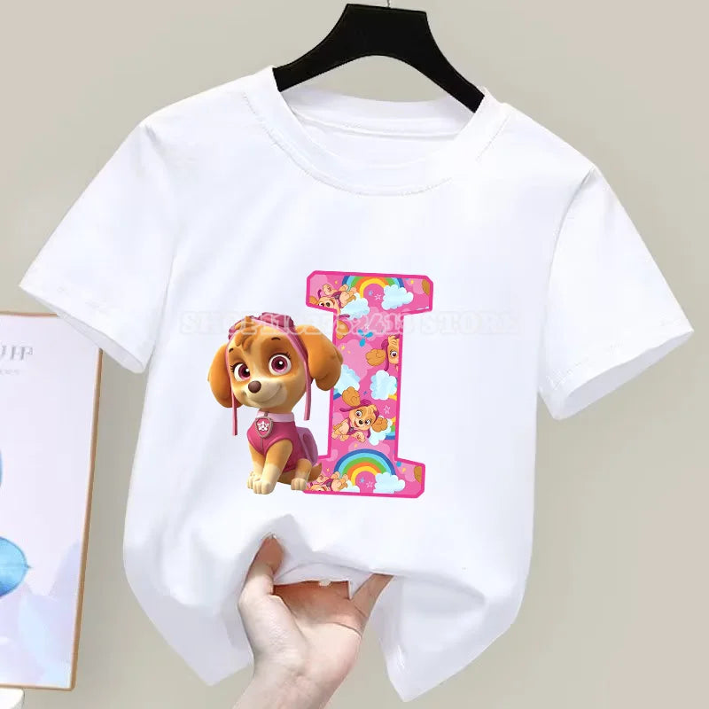 تي شيرت Paw Patrol صيفي للأولاد والبنات قمصان ماصة لطيفة برسومات كرتونية تشيس سكاي بيضاء ملابس بسيطة أساسية متعددة الاستخدامات هدية 