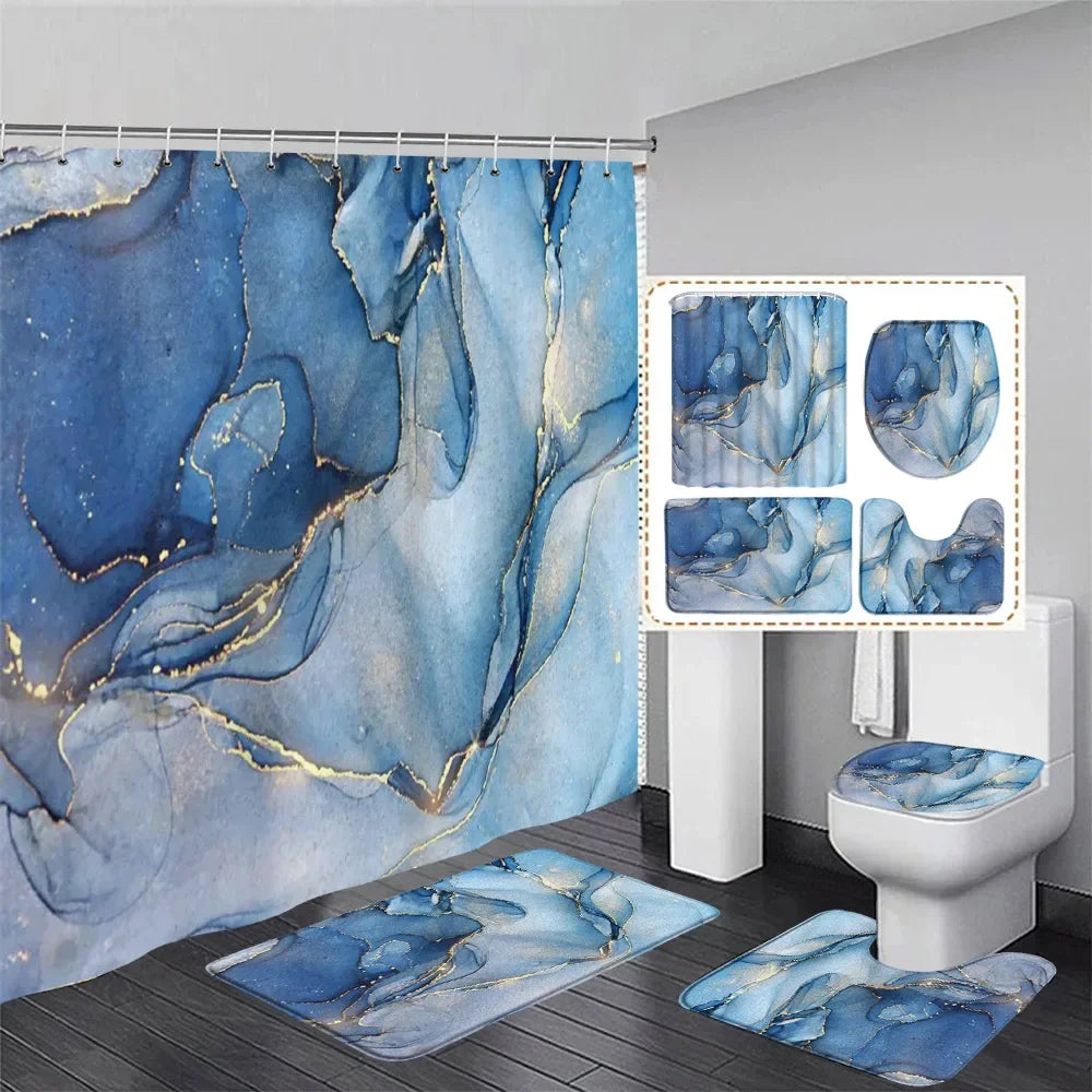 Black Marble Shower Curtain Set White Lines Cracked Pattern Modern Geometric Bathroom Decor Non-slip Rug Bath Mats Toilet Cover home improvement