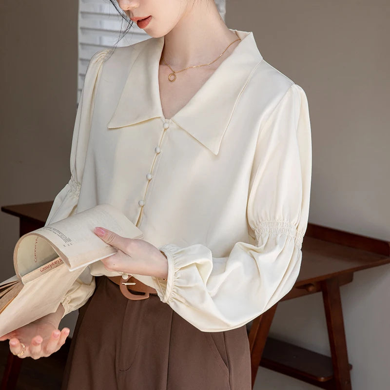 Elegant Lapel Lantern Sleeve Shirt Women's Clothing 2023 Autumn New Loose Casual Tops Loose Office Lady Blouse