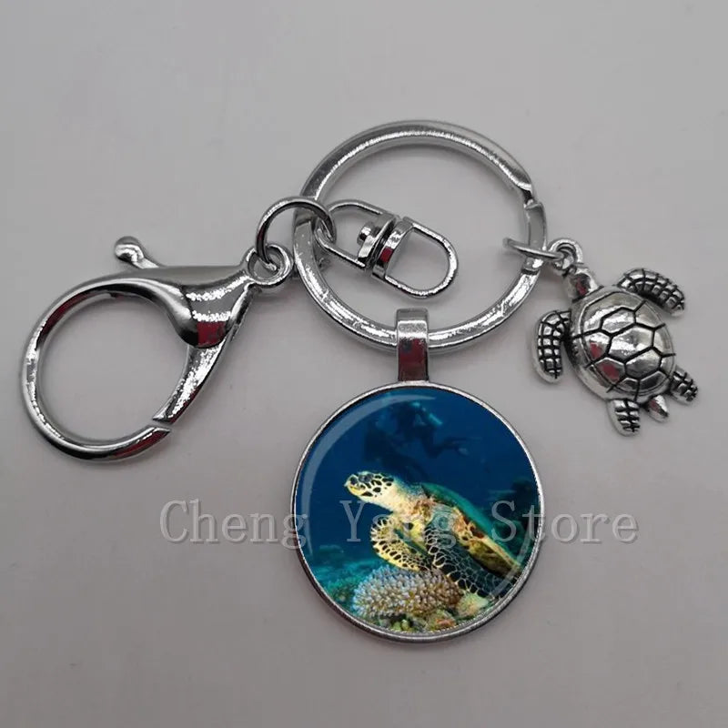 Marine life jewelry turtle dolphin shell keychain key ring glass convex round keychain charm turtle pendant Christmas gift