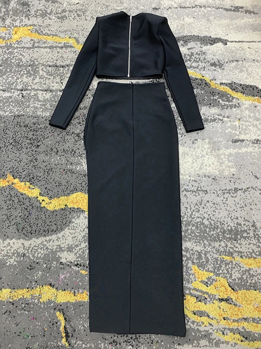 2025 New Hollow Out Diamond Short Top+Side Slit Long Skirt Bandage Two-Piece Set For Women Black Fashion Party Matching Outfits