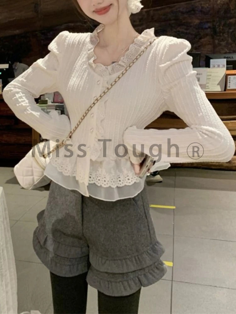 New Sweet clothes Gentle Lace V-neck Shirt Female New Japanese Fashion Slim Elegant Shirt Spring 2025 Harajuku Long Sleeve Solid Clothes