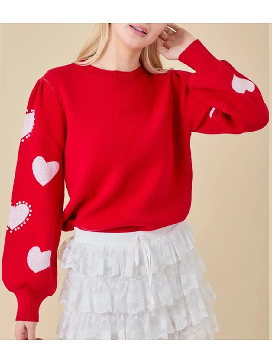 Women s Valentine s Day Knit Sweater Red Long Sleeve Round Neck Heart Print Knitwear