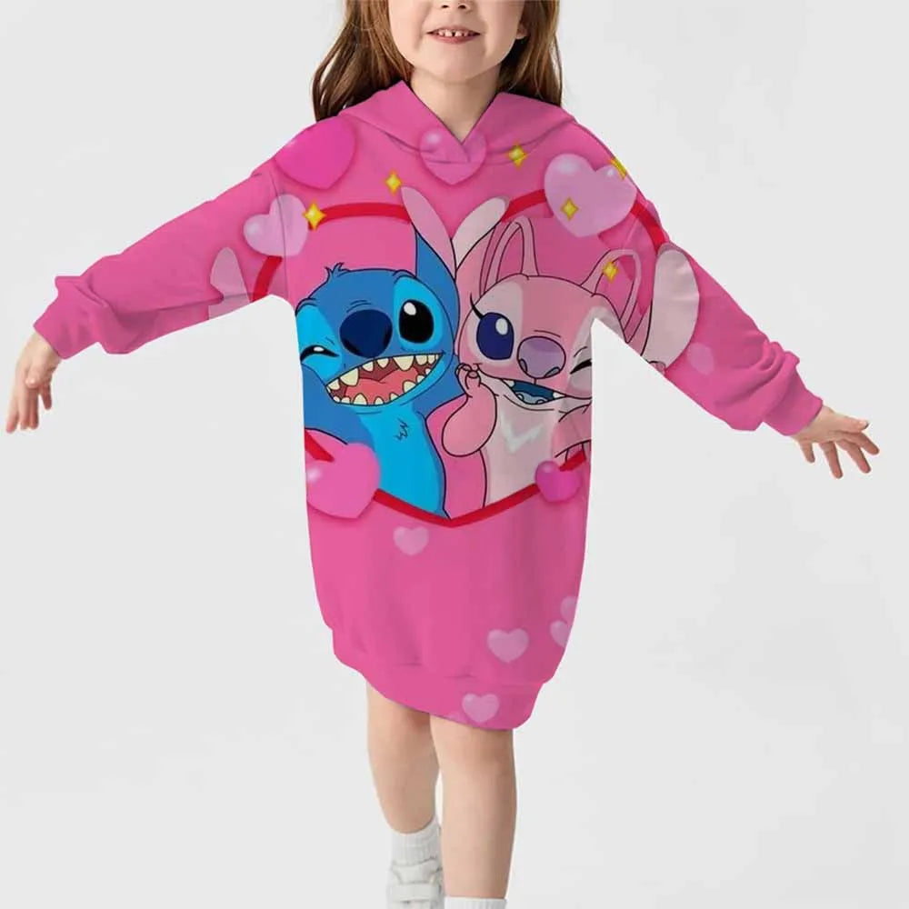 2024 neuer Disney-Stichmuster-Kapuzenrock für Herbst und Winter für Mädchen, süßes, bequemes Langarm-Kapuzenpulloverkleid 