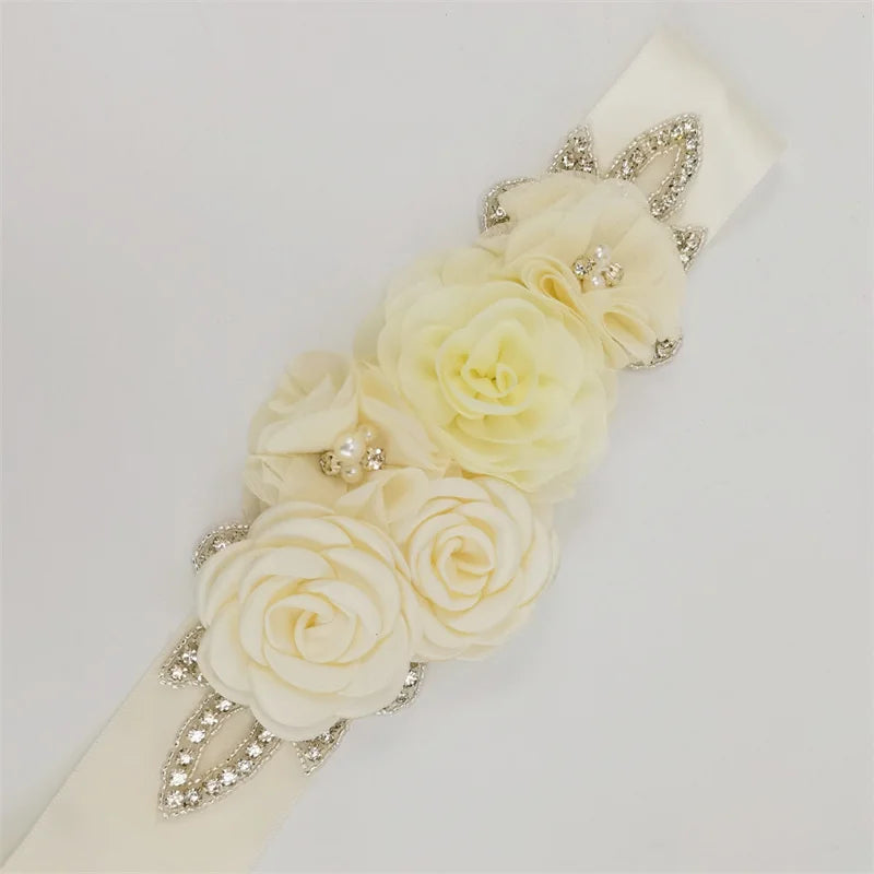 Wedding Belts White Ivory Flowers Pearls Satin Flower Rhinestone Decoration Accessories Elegant Bridesmaids Women Dresses Sash