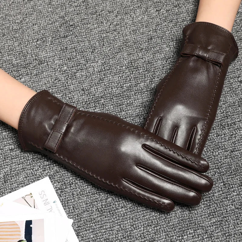Women's Genuine Leather Gloves Sheepskin Gloves Fashion Autumn and Winter Thick Fleece Warm Touch Screen Motorcycle Biker Gloves