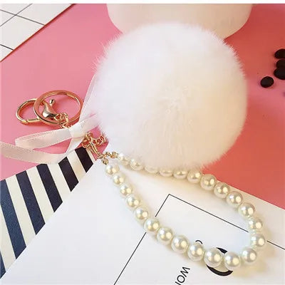 Car Women handBag Key Chain Fashion Pearl Chain Crystal Bottle Bow Pompom Keychain Fluffy Puff Ball Keychains Jewelry