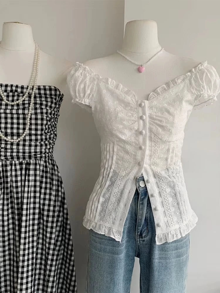 2025 New Women White Hollow Out Design Shirt Pleated Slash Neck Puff Sleeve Blouses Female Slim Ruffle Single Breasted Clothes