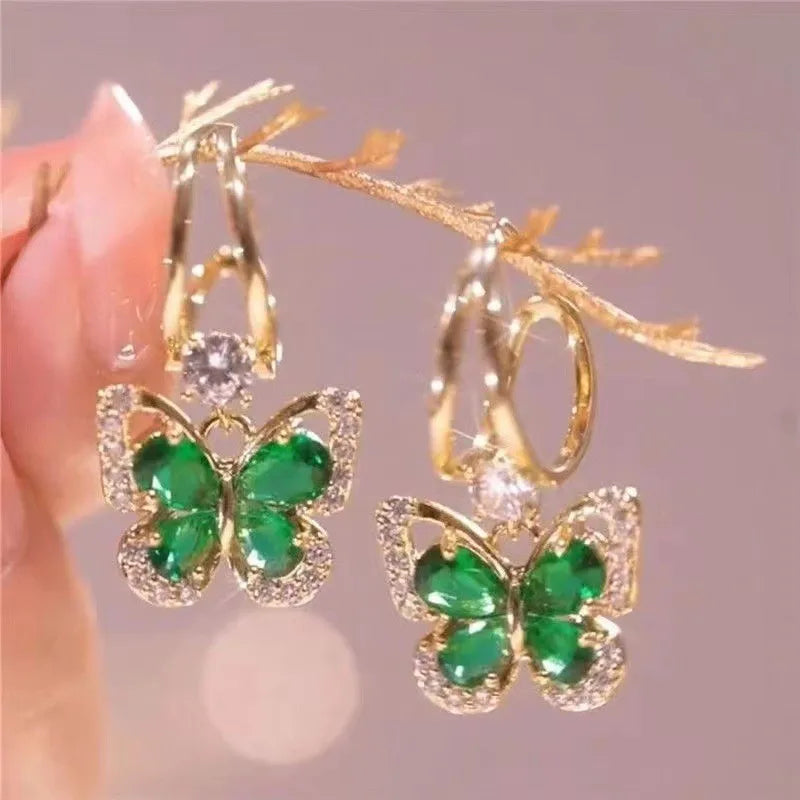 925 Silver Needle Green Crystal Butterfly Drop Earrings For Women Korean Jewelry 2024 Trending Fairy Luxury Women's Earrings New