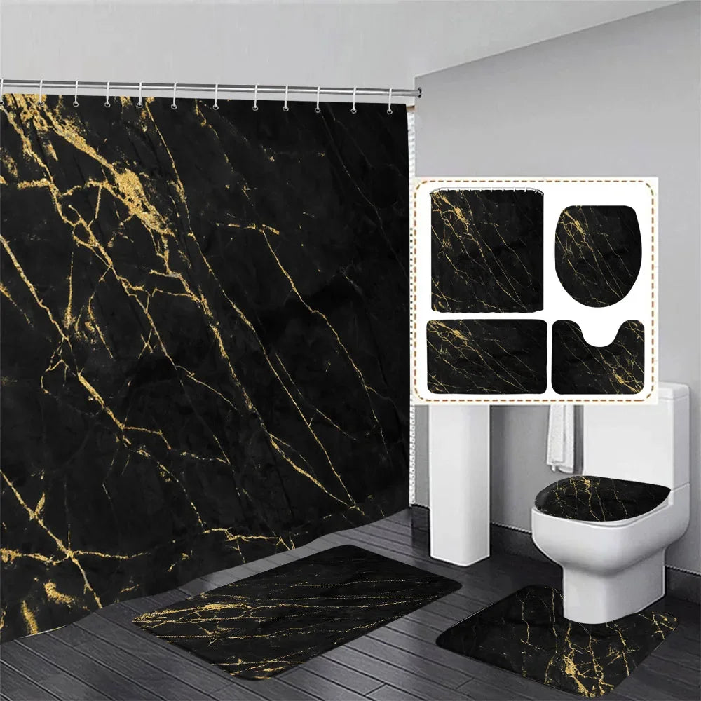 Black Marble Shower Curtain Set White Lines Cracked Pattern Modern Geometric Bathroom Decor Non-slip Rug Bath Mats Toilet Cover home improvement