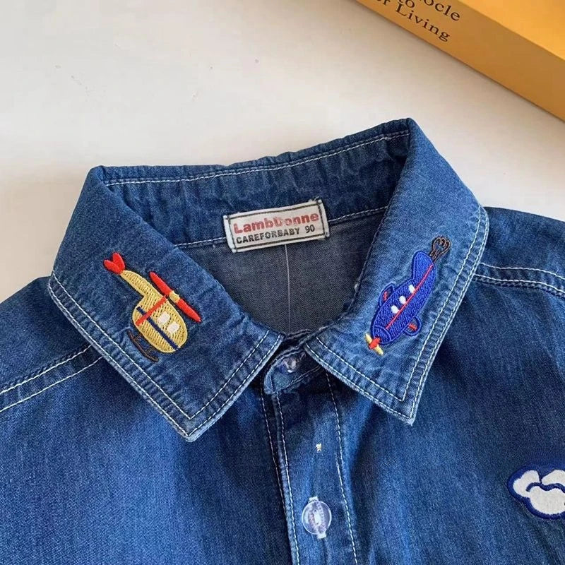 New Kids baby denim shirt cartoon letters embroidery long sleeve Tops Boys loose casual shirt Coat kids