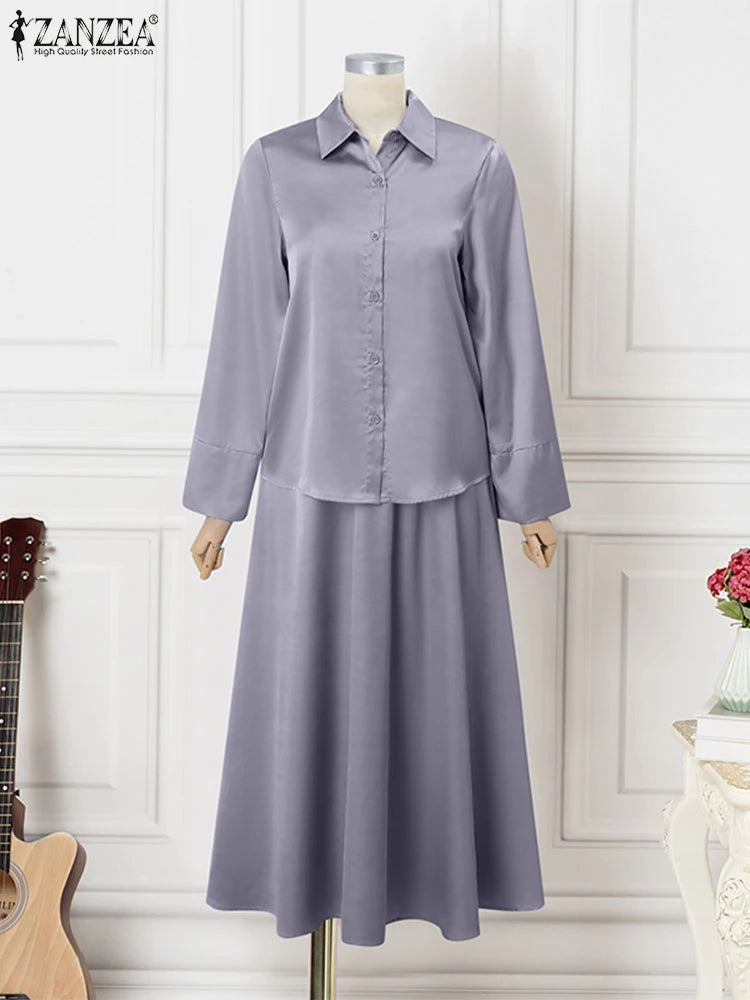 Vintage Satin Silk Dress Suit ZANZEA Fashion Solid Shirt Outfits Swing Skirt Sets Casual Loose Buttons Holiday Office 2pcs Sets