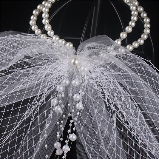 Bridal handmade long tiara double pearl hair veil wedding hair ornament photo studio photography accessories wedding