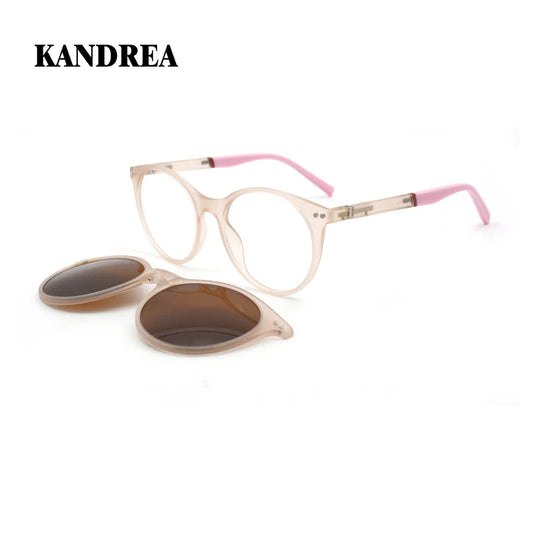 KANDREA 2 IN 1Vintage Round Magnetic Sunglasses Women Fashon Glasses Frame Men Optical Myopia Prescription Eyewear C8012