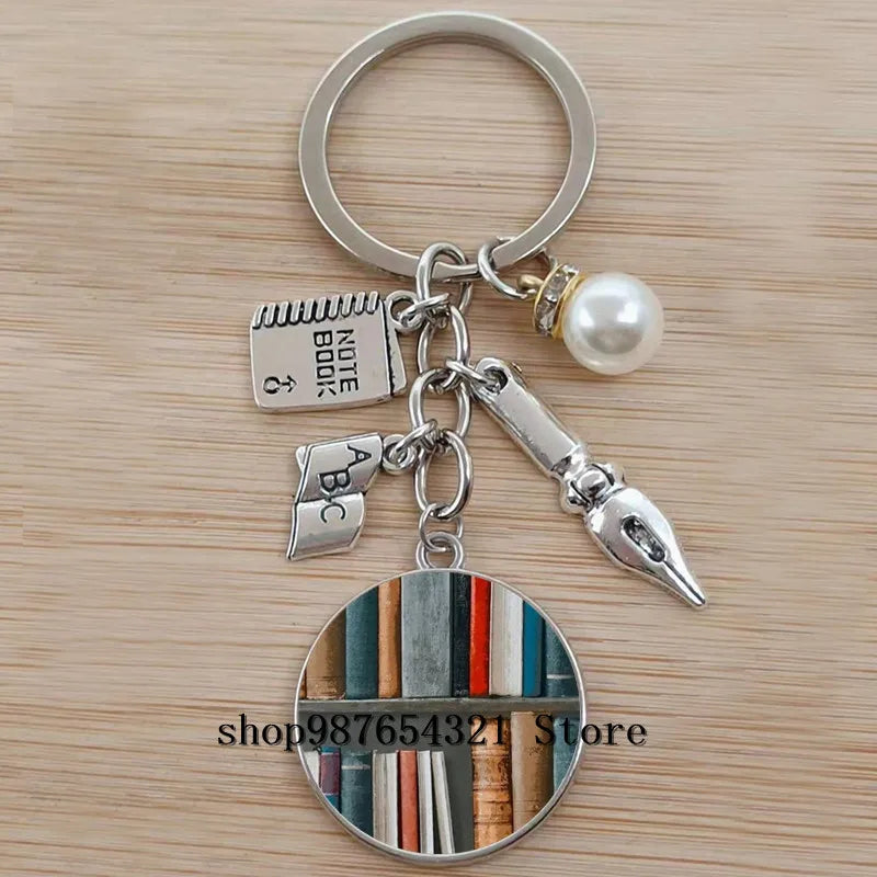 Classic Library Books Keychain Vintage Old Books Key Chain Librarians Key Ring Gift for Nerd Bookworm Writer Teacher