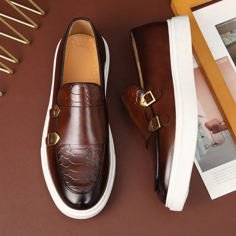 New Fashion Men Crocodile Pattern Monk Strap Thick Bottom Lace Up Shoes Male Casual Loafers Formal Dress Footwear Zapatos Homre