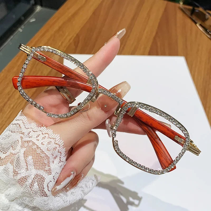 2025 Square Diamond Sunglasses for Women with A High-end Feel Imitation Wood Grain Legs Girls Sunglasses with Rhinestone