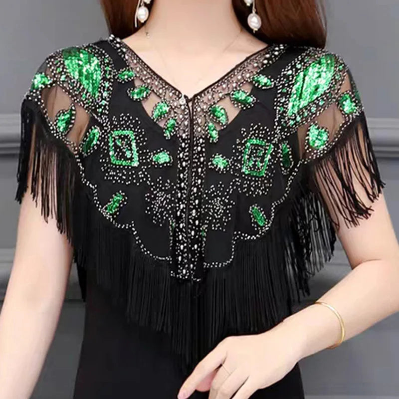 Bling Tassels Blouse Shirt Women Summer Sequin Casual Tops Evening Shawl Wraps Mujer Poncho Shirt Party Club Clothing