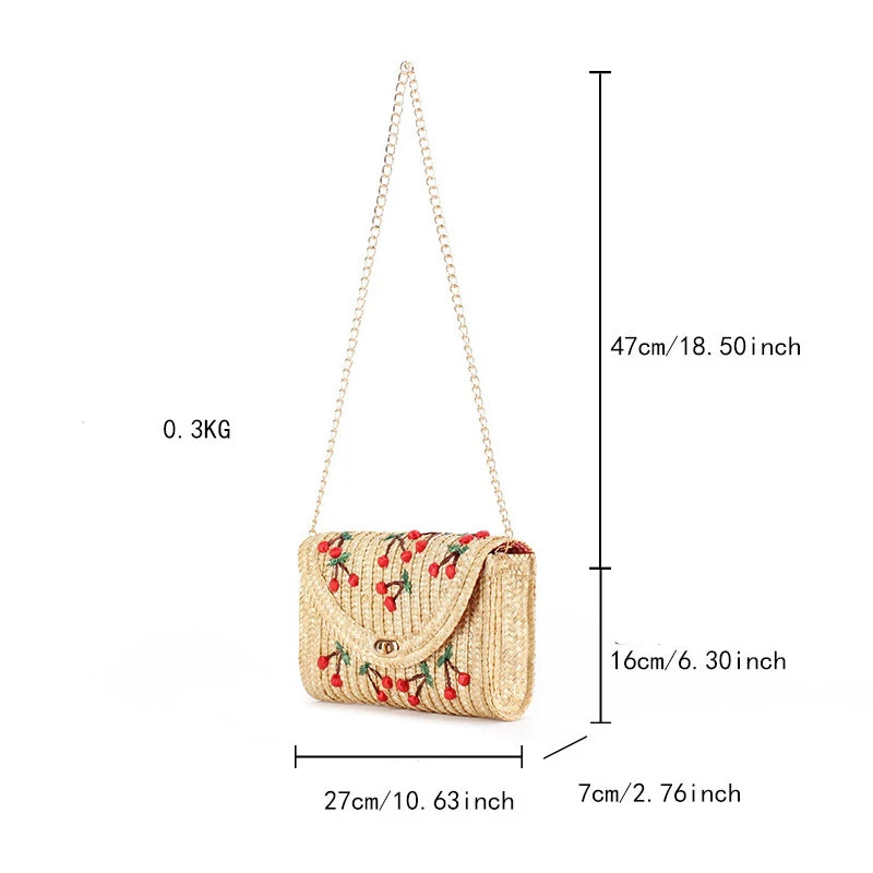 Fruit Pattern Clutch Bags for Women Rattan Weaving Beach Bag Small Women's Purse Handbags Bohemian Female Shoulder Bags
